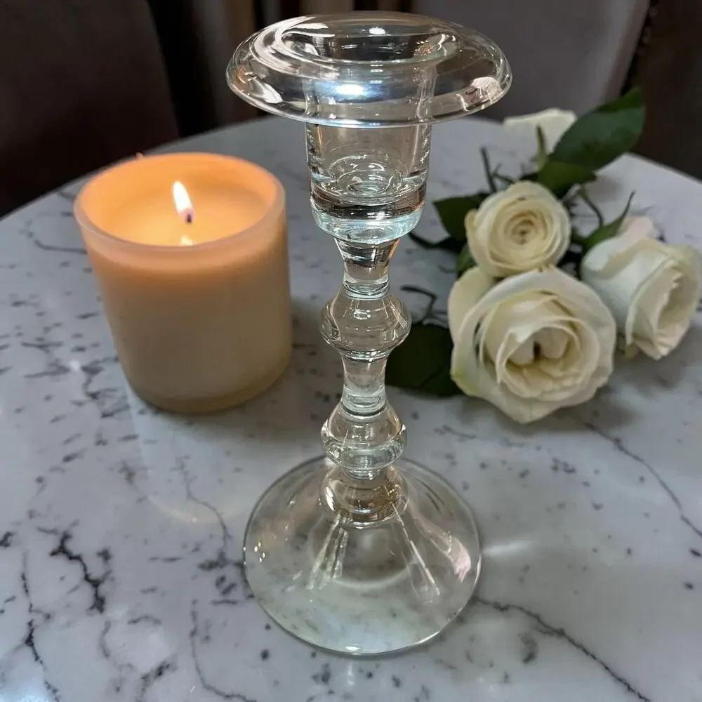 Vtg. Pair Baluster Clear Crystal Candlestick Holders 9.75” Tall 1.5” Candle Cup